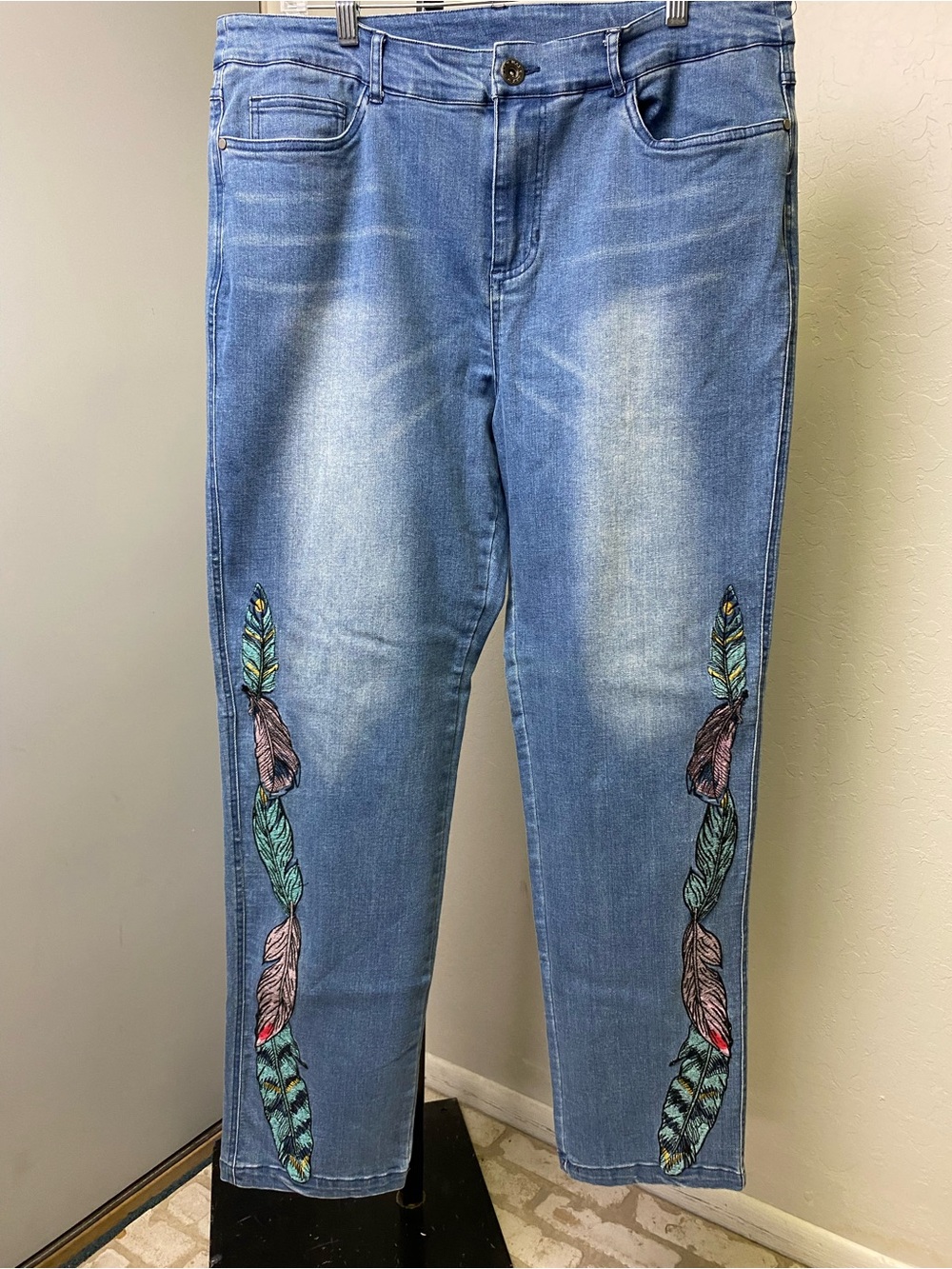 Back in the Saddle Women's Light Blue Boot Cut Jeans with Feather Embroidery 14